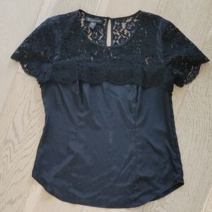 INC Black Lace Yoke Short Sleeve Blouse